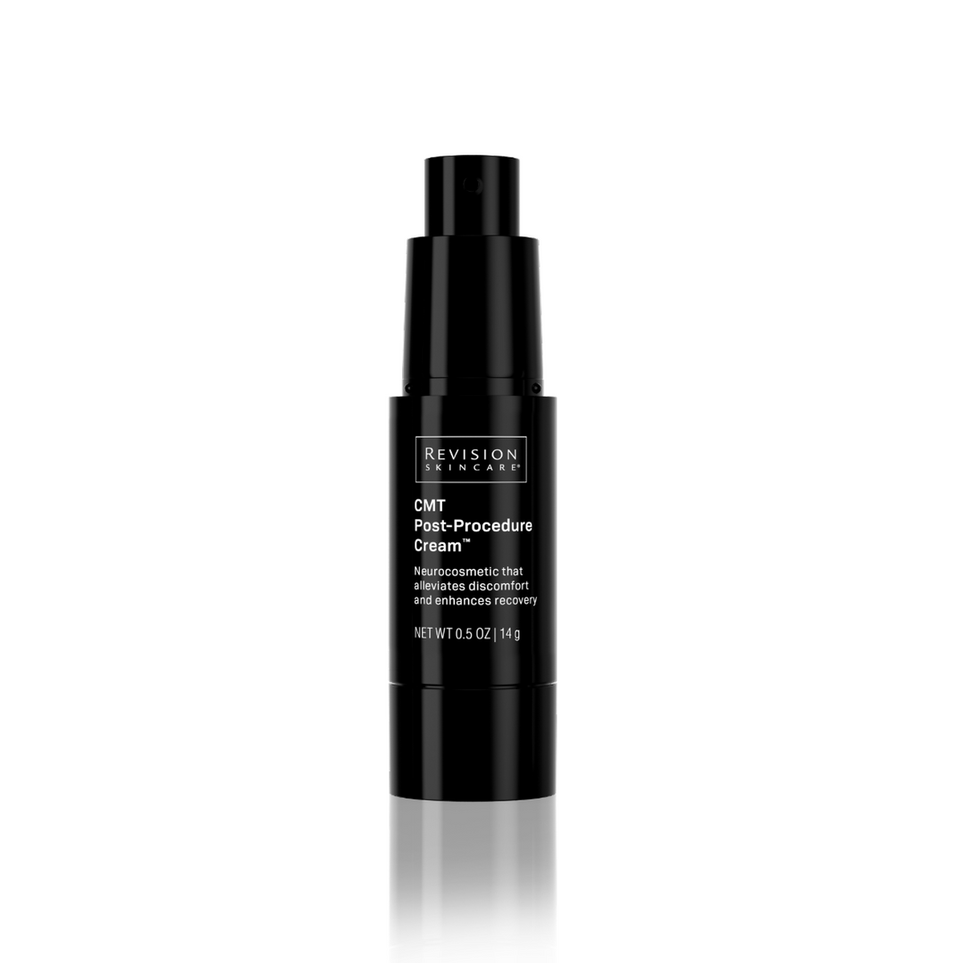 A black pump bottle of Revision Skincare CMT Post-Procedure Cream™ with neurocosmetic technology is displayed on a white background. The label highlights product details and its 0.5 oz (14 g) size.
