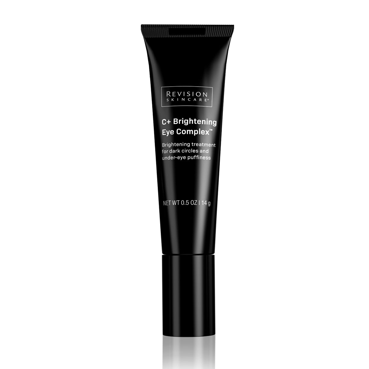 A black tube of Revision Skincare C+ Brightening Eye Complex™ 0.5 oz, formulated to target dark circles and under-eye puffiness, stands upright on a white background.