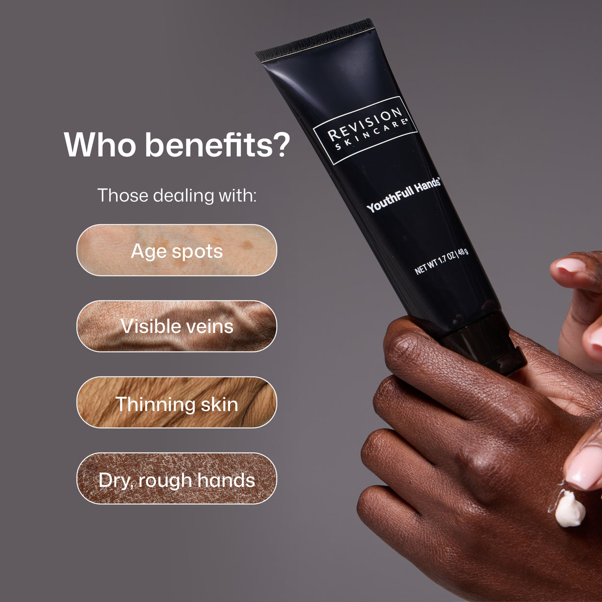 Someone applies Revision Skincare’s YouthFull Hands™ cream. Text shows benefits for age spots, visible veins, thinning skin, and dry, rough hands, with images of each concern on the left.
