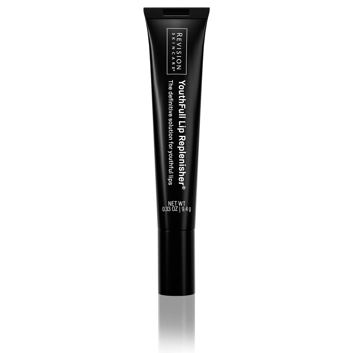 A black tube from the Revision Skincare Glow Essentials Gift Set (RSC) stands upright on a white background, featuring a white-on-black label. The 0.33 oz (9.4 g) tube hydrates and rejuvenates your lips.