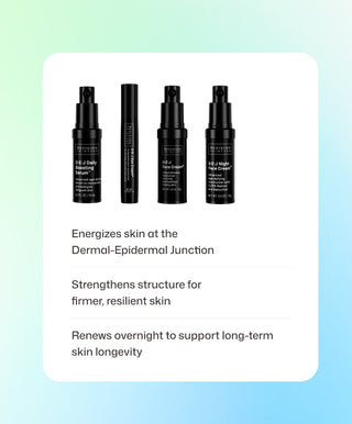 Four black bottles of Revision Skincare’s D·E·J® Age-Defying Power Full-Size Regimen are lined up above three points: energizing skin, strengthening for firmness, and renewing overnight for lasting skin longevity. Soft gradient background.