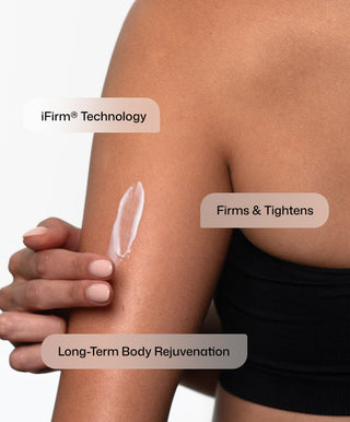A person applies BodiContour™ by Revision Skincare to their upper arm. Text overlays read: Firms & Tightens, iFirm® Technology, Long-Term Body Rejuvenation. The person wears a black sleeveless top, highlighting its body sculpting benefits.