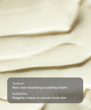 Close-up of creamy beige lotion with gentle swirls. Overlaid text introduces BodiContour™ by Revision Skincare—a rich, fast-absorbing body sculpting cream ideal for sagging, crepey, or uneven skin.