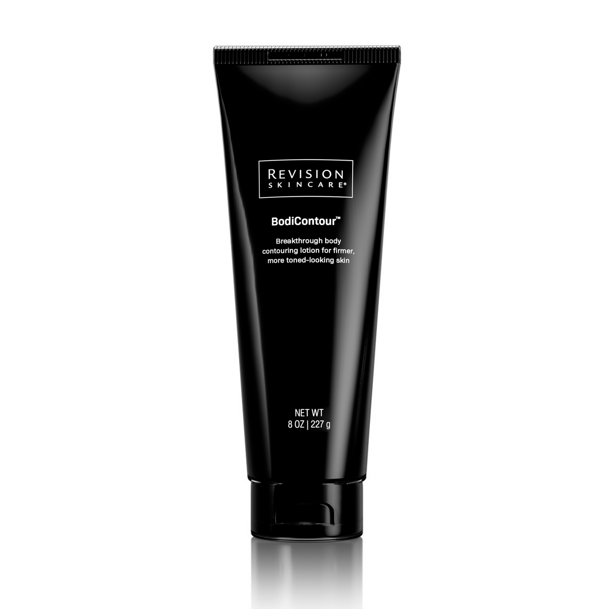 A black 8 oz (227 g) tube of Revision Skincare BodiContour™ stands upright on a white background. This body sculpting lotion uses iFirm® Technology to help skin appear firmer and more toned.