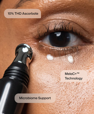 A close-up of an eye shows an applicator with two dots of cream under the eye. Text highlights “10% THD Ascorbate,” “MelaC+™ Technology,” and “Microbiome Support” for Revision Skincare C+ Brightening Eye Complex™.