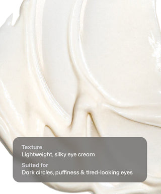 A close-up of creamy, white C+ Brightening Eye Complex™ by Revision Skincare with a smooth texture. Text overlay: Lightweight, silky brightening cream for reducing dark circles, puffiness, and tired-looking eyes.