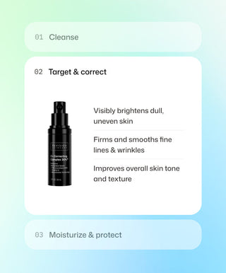 Step 2: Target and correct with Revision Skincare's C+ Correcting Complex 30%®—this black bottle Vitamin C serum brightens dull skin, smooths fine lines, boosts collagen, and improves tone and texture.