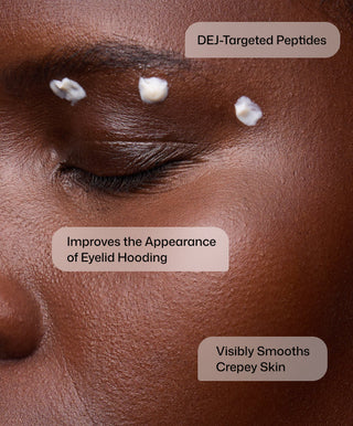 A close-up of a person’s closed eye with three dots of cream above the eyelid. Text reads: D·E·J Eye Cream® by Revision Skincare targets DEJ with peptides to improve eyelid hooding and visibly smooth crepey skin.