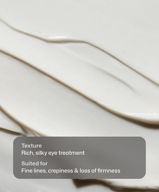 Close-up of creamy, light-colored D·E·J Eye Cream® by Revision Skincare with smooth swirls. Gray text box reads: Texture: Rich, silky eye treatment. Suited for fine lines, under-eye firming & crow’s feet reduction.