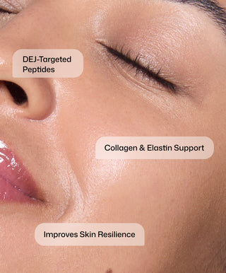 Close-up of a woman's glowing, smooth skin and closed eyes. Text: Revision Skincare D·E·J Face Cream®—Collagen & Elastin Support, Firms Sagging Skin—for a powerful skin-renewing moisturizer effect.