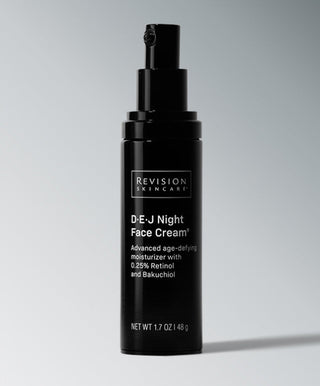 A black pump bottle of Revision Skincare D·E·J Night Face Cream® with white text, described as an advanced anti-aging moisturizer formulated with 0.25% retinol and bakuchiol.