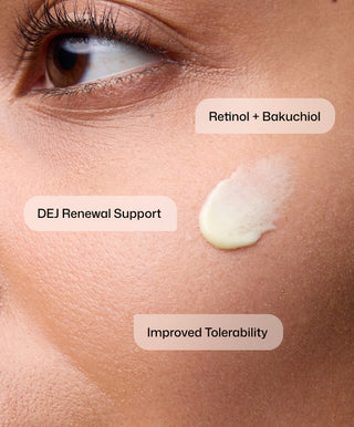 A close-up shows a person's cheek with D·E·J Night Face Cream® by Revision Skincare applied. Visible labels read “Retinol + Bakuchiol,” “DEJ Renewal Support,” and “Improved Tolerability.” Eye and part of the nose are shown.