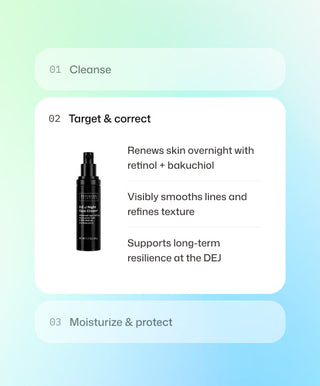 Step 2: Target & correct with Revision Skincare D·E·J Night Face Cream®. Renews skin overnight with retinol + bakuchiol—visibly smoothing lines, refining texture, and supporting resilience at the DEJ.