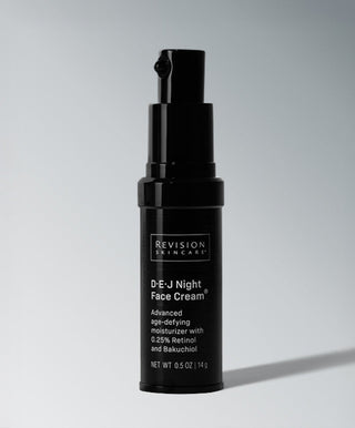A black pump bottle of Revision Skincare D·E·J Night Face Cream® stands upright on a gray background, showcasing its blend of retinol and bakuchiol as an effective anti-aging moisturizer for nightly use.