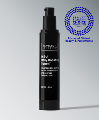 A black pump bottle of Revision Skincare’s D·E·J Daily Boosting Serum® is displayed on a grey background, featuring a blue Beauty & Longevity Choice Awards 2020 Finalist badge in the upper right corner.