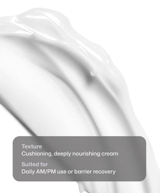 A close-up of smooth, white DermProtect Barrier Defense™ cream from Revision Skincare shows its glossy texture. A grey text box describes it as "cushioning, deeply nourishing," ideal for AM/PM use or skin barrier repair and recovery.