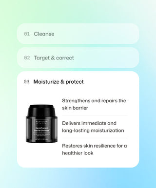 A skincare routine step with a black jar labeled Revision Skincare DermProtect Barrier Defense™, offering intensive hydration, barrier strengthening, and enhanced skin resilience.
