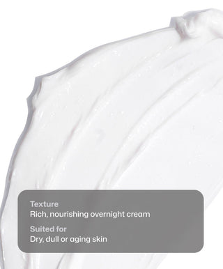 A close-up of smooth, white cream from Revision Skincare’s Firming Night Treatment. Texture: Rich, nourishing peptide moisturizer. Suited for dry, dull, or aging skin.