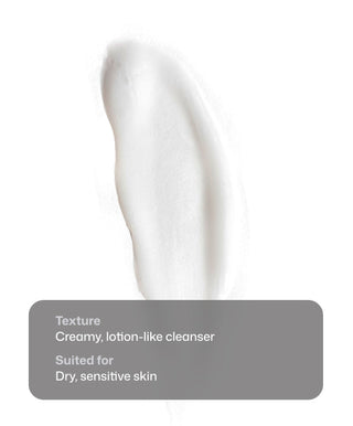 A smear of Revision Skincare Gentle Cleansing Lotion, creamy and white, shown on a white background with a gray overlay: Texture—creamy, lotion-like cleanser. Suited for dry, sensitive skin; helps support the moisture barrier.