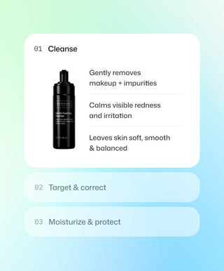 Skincare routine step 1: Cleanse. Image of a black Gentle Foaming Cleanser bottle by Revision Skincare with text: Gently removes makeup & impurities, calms visible redness and irritation, leaves skin soft, smooth & balanced.