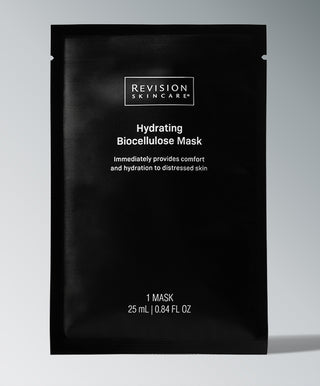 A black packet of Revision Skincare Hydrating Biocellulose Mask delivers soothing hydration and comfort to distressed or post-procedure skin. Each contains 1 mask with 25 mL (0.84 fl oz) of product.