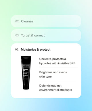 Step 01 Moisturize & Protect features a black tube of Revision Skincare Intellishade® Clear, an age-defying moisturizer with Broad-Spectrum SPF 50, brightening effects, and advanced environmental defense.