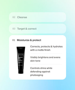 A graphic features a black tube labeled Intellishade® Matte by Revision Skincare with text: Moisturize & protect. Benefits include hydrating, brightening skin, reducing shine with a matte finish, and protecting against photoaging. Steps Cleanse and Target & correct appear above.