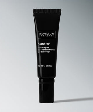 A black tube of Revision Skincare Nectifirm® neck cream, designed to firm the look of the neck and décolletage, stands upright against a light gray background.