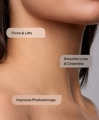 Close-up of a woman's jawline and neck with labels: Firms & Lifts, Smooths Lines & Crepiness, Improves Photodamage—showcasing Nectifirm® by Revision Skincare, an ideal anti-aging neck and décolletage treatment.