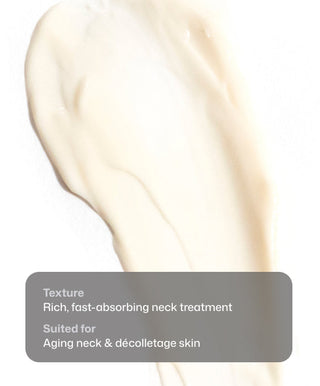 A smear of cream-colored Nectifirm® by Revision Skincare with text overlay: Texture: Rich, fast-absorbing anti-aging neck cream. Suited for aging neck & décolletage skin.