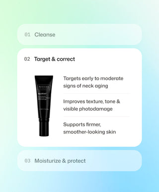 A black tube of Revision Skincare’s Nectifirm®—a neck firming cream that targets signs of aging, improves texture and tone, and helps achieve firmer, smoother skin on the neck and décolletage.