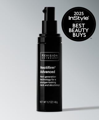 A black bottle of Revision Skincare Nectifirm® Advanced neck cream stands against a gray background, featuring white text and "advanced microbiome technology" on its label. A round badge shows "2025 InStyle Best Beauty Buys.