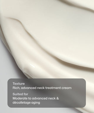 Close-up of Revision Skincare Nectifirm® Advanced, a creamy, off-white neck firming cream with a rich, thick texture. Overlay text highlights its advanced anti-aging formula for moderate to advanced neck and décolletage aging.