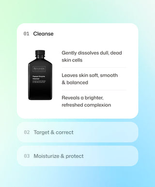 The image shows a black bottle of Revision Skincare Papaya Enzyme Cleanser with text highlighting its enzyme-based exfoliation that gently removes dead skin cells for a softer, balanced, and brighter complexion.