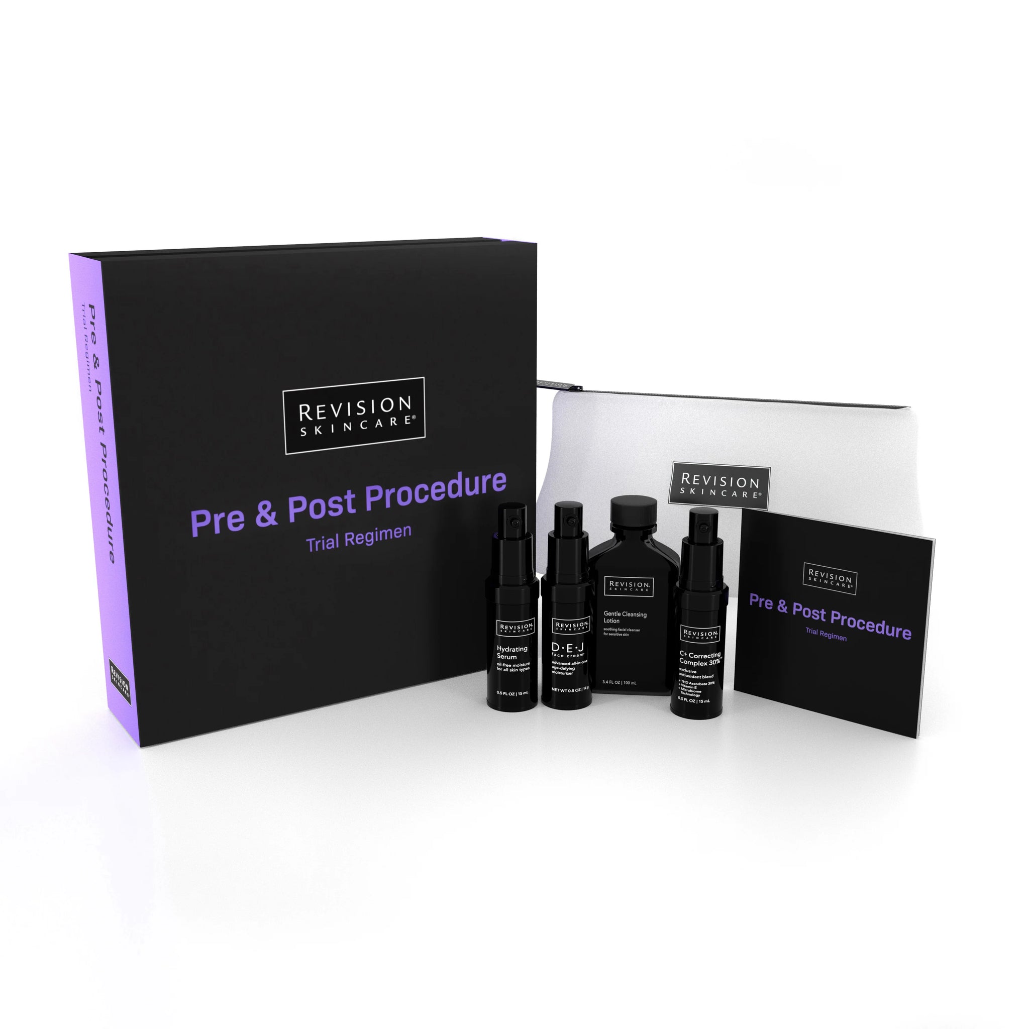 A Revision Skincare Pre & Post Procedure Trial Regimen kit displayed with four black skincare bottles, an informational booklet, and a white zippered pouch, all arranged near the product’s black box packaging.