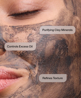 A close-up of a person with eyes closed using Revision Skincare's Pore Purifying Clay Mask. Text: Purifying clay minerals, controls excess oil, refines texture, and supports microbiome balance.