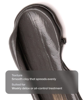 A close-up of smooth, dark gray clay with a glossy finish. Text: Texture—smooth, even-spreading clay. Revision Skincare Pore Purifying Clay Mask is ideal for weekly detox, unclogging pores, and supporting microbiome balance.