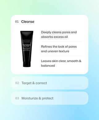 A skincare routine graphic shows the Revision Skincare Pore Purifying Clay Mask in a black tube as Step 1: Cleanse, emphasizing unclogged pores, refined texture, and microbiome support. Steps 2 and 3 are grayed out.