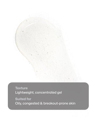 A clear, lightweight Purifying Cleansing Gel by Revision Skincare shown smeared on white with a gray overlay box: Texture—lightweight, concentrated gel. Suited for oily, congested & breakout-prone skin. Contains salicylic acid.