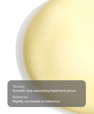 A close-up of Revision Skincare's Retinol Complete® 1.0, a creamy, pale yellow serum in a white container with text overlay highlighting its smooth, fast-absorbing texture and nightly anti-aging benefits that reduce fine lines and wrinkles.