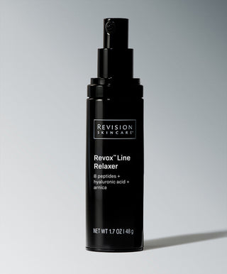A black bottle of Revision Skincare Revox™ Line Relaxer, a neurotoxin-inspired serum with 8 peptides, hyaluronic acid, and arnica (NET WT 1.7 OZ / 48 g), featuring a pump dispenser against a gray gradient background.