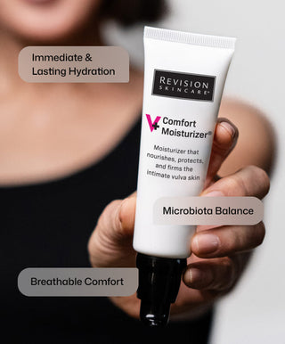 A person holds a tube of Revision Skincare V+ Comfort Moisturizer®, a hormone-free formula that delivers immediate and lasting hydration, supports microbiota balance, and provides breathable comfort—ideal for relieving vulvar dryness.