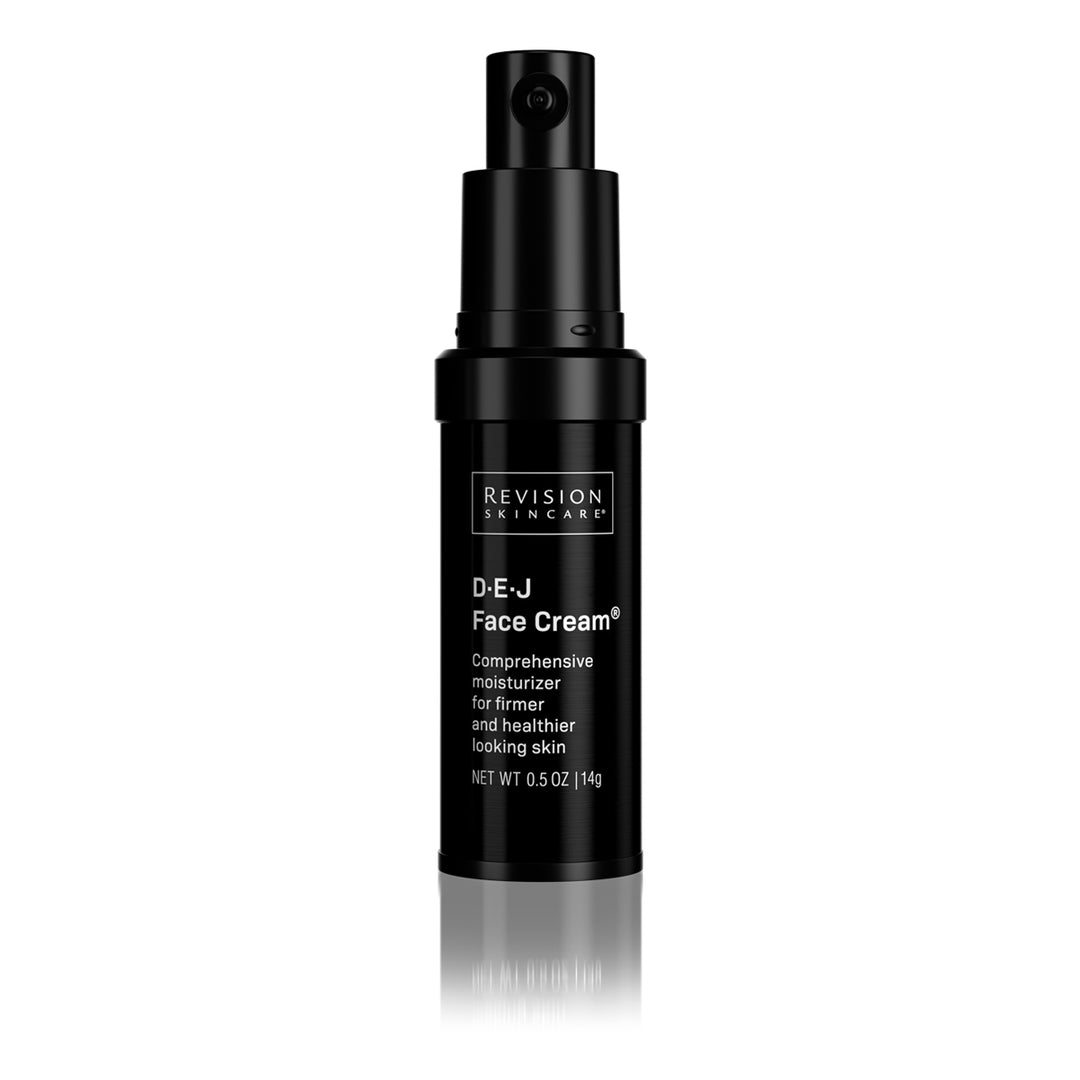 A black pump bottle of Revision Skincare D·E·J Face Cream® (1.7 oz/48g), a moisturizer that improves skin texture for a firmer, healthier look, stands upright against a white background.