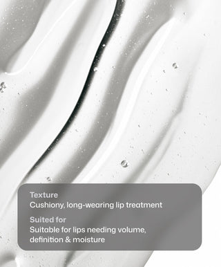 Close-up of a smooth, glossy YouthFull Lip Replenisher® gel by Revision Skincare with tiny air bubbles. Overlay: Cushiony, long-wearing lip plumper for volume, definition & moisture—infused with hyaluronic acid.