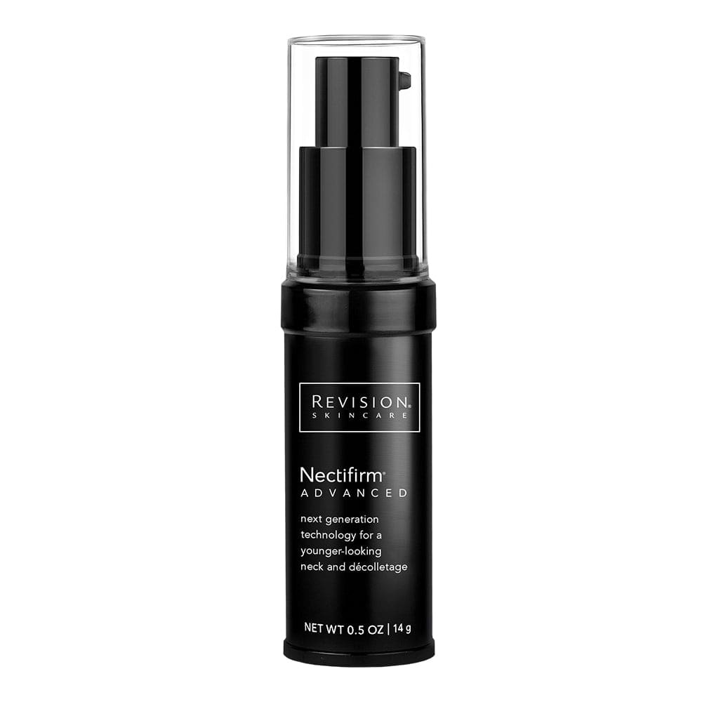 The travel-size Nectifirm® Advanced 0.5 oz by Revision Skincare comes in a black pump bottle with a clear cap, featuring Microbiome and Smart Antioxidant Technology for a youthful neck and décolletage.