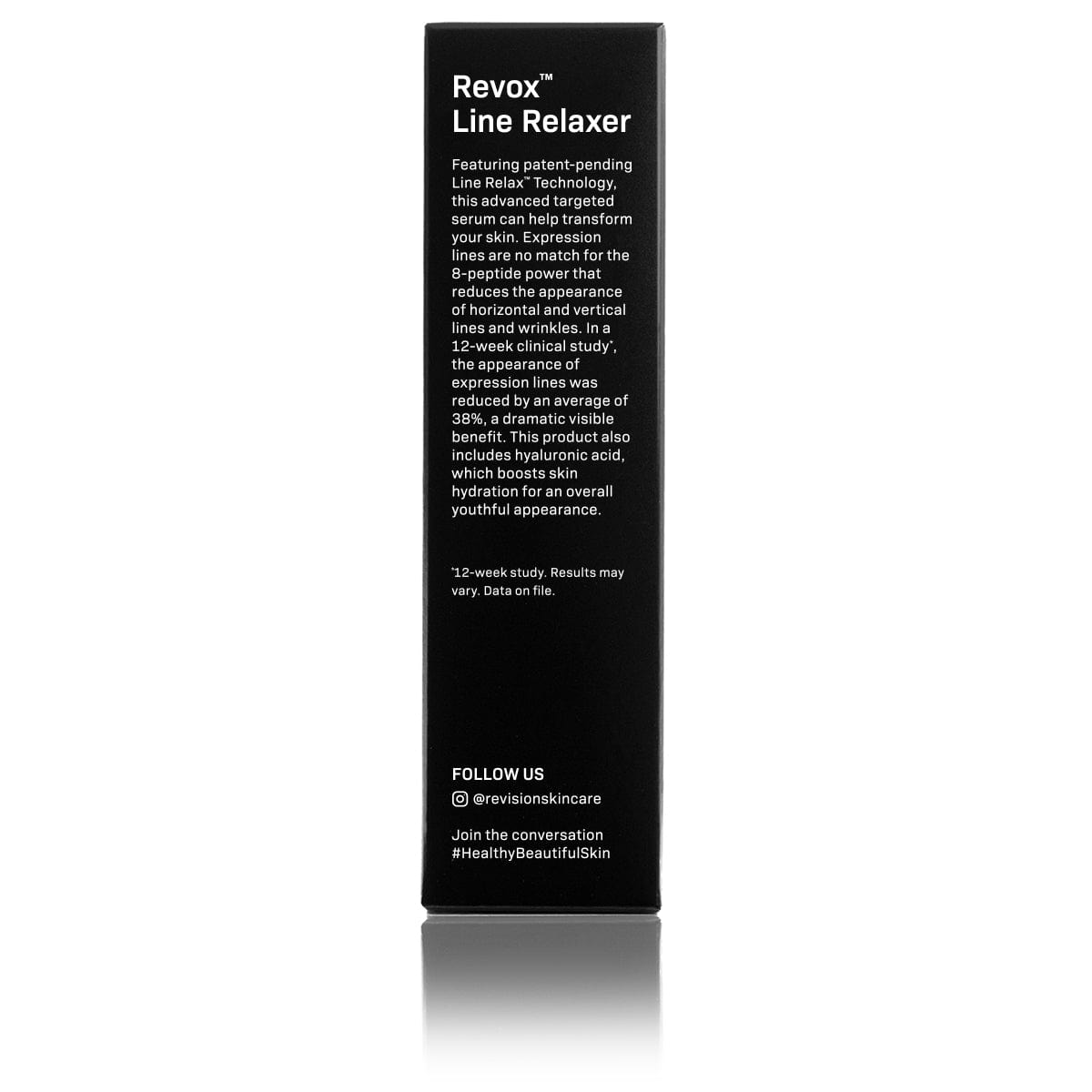 A black rectangular box of Revision Skincare Revox™ Line Relaxer 1.7 fl oz stands upright against a white background, featuring product description and social media info in white text. Designed to target fine lines and wrinkles.