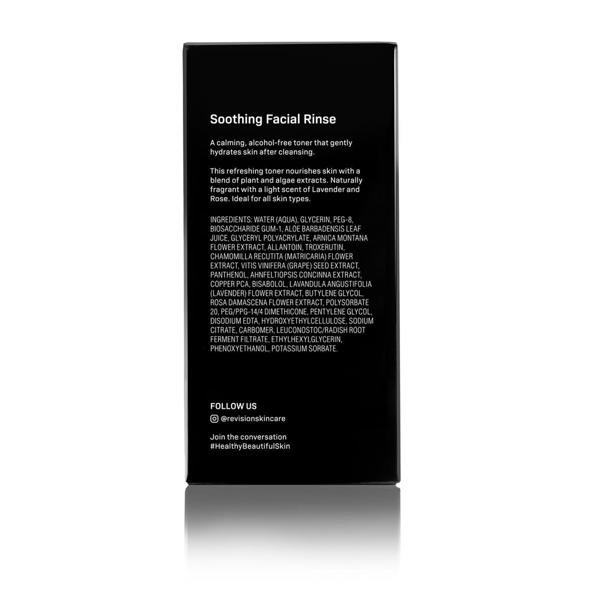 A black box labeled Revision Skincare Soothing Facial Rinse 6.7 fl oz showcases its calming, alcohol-free formula for sensitive skin and a detailed ingredients list. Social media info is displayed at the bottom.