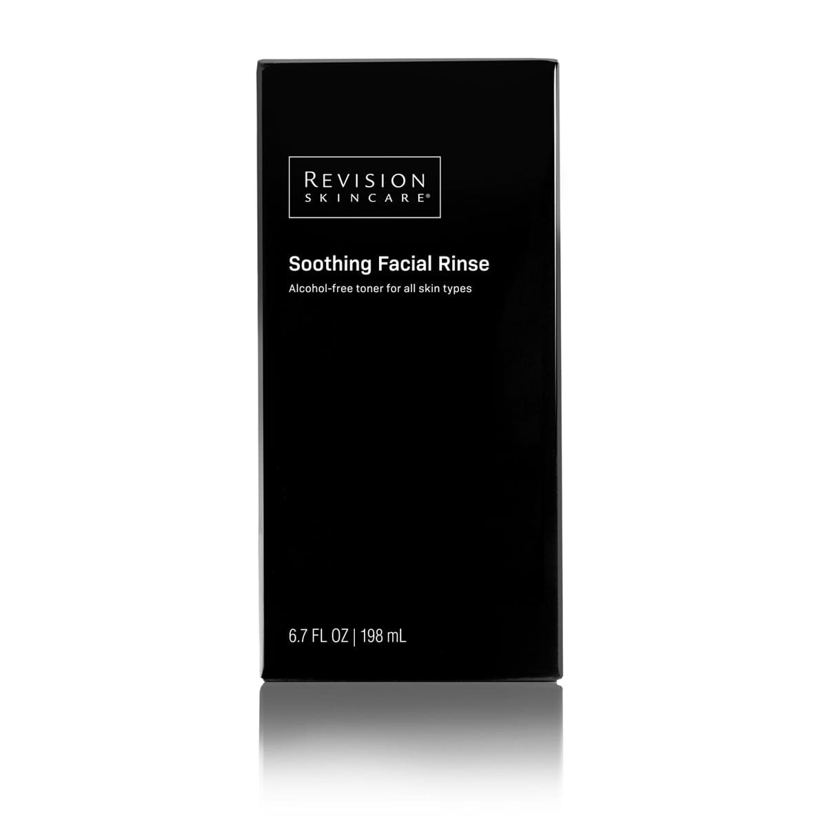 A black rectangular box of Revision Skincare Soothing Facial Rinse 6.7 fl oz, an alcohol-free formula for sensitive skin, with the product name and volume displayed on the packaging.