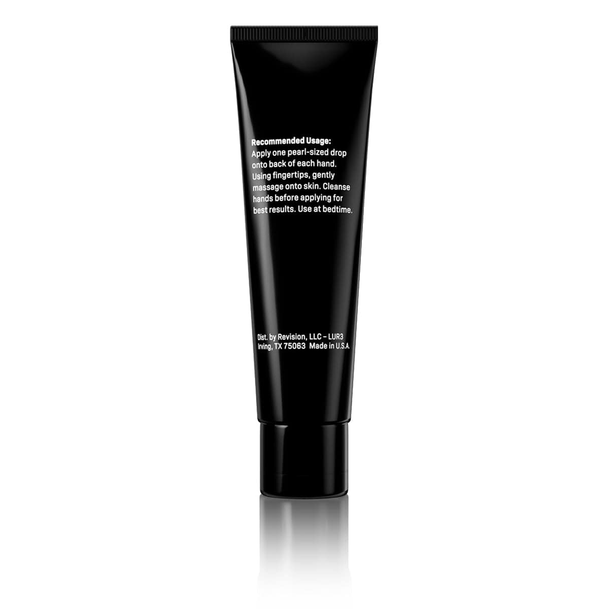 A black tube of Lumiquin® 1.7 oz by Revision Skincare, featuring white text with usage instructions and company info, stands upright against a white background.