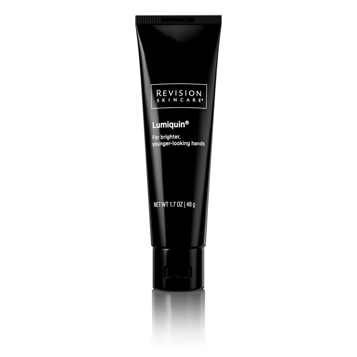 A black tube of Revision Skincare Lumiquin® 1.7 oz stands upright on a white background, showcasing the product name and description in white text—ideal for enhancing skin moisture with age-defying ingredients.